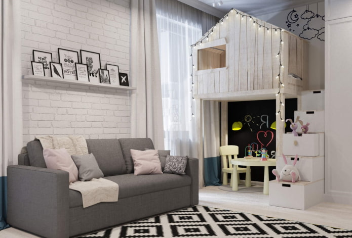 design de interiores de um quarto infantil e sala de estar combinados