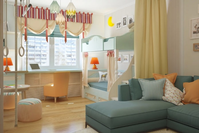 design de interiores de um quarto infantil e sala de estar combinados