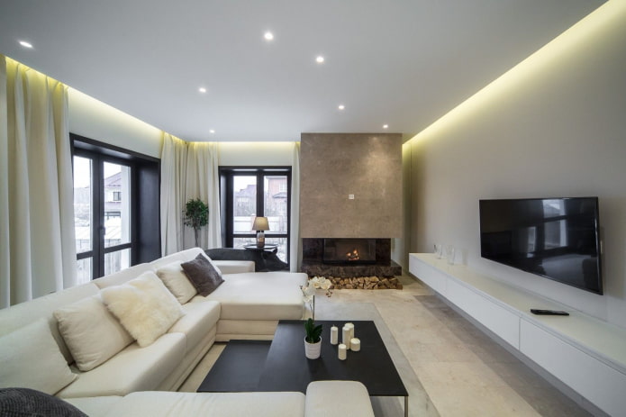 sala de estar com lareira na esquina da casa