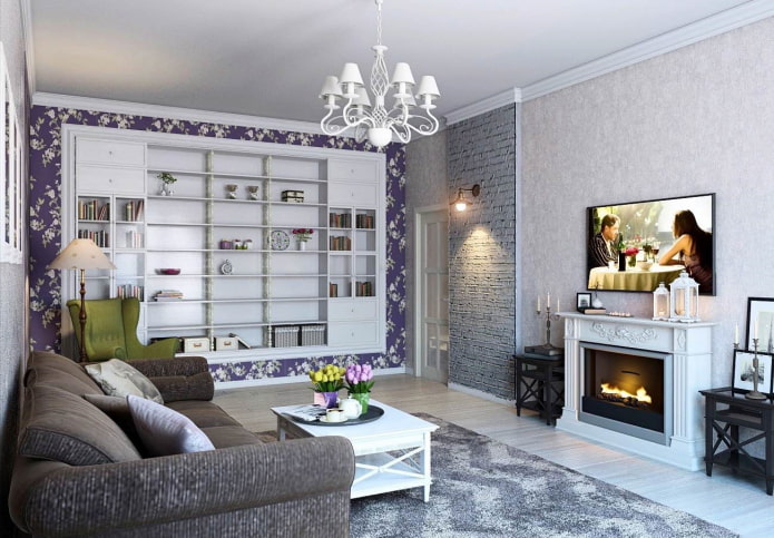 lareira e TV no interior da sala de estar em estilo provençal