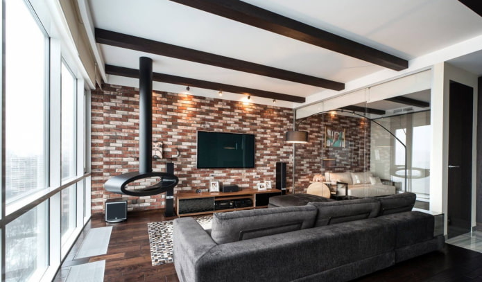 lareira e TV no interior da sala de estar em estilo moderno