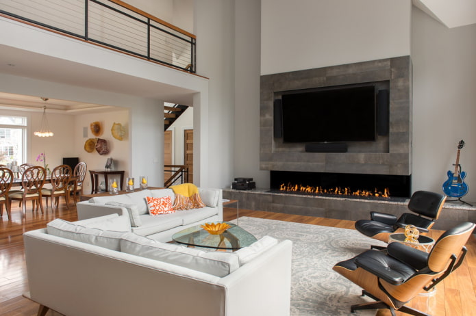 lareira e TV no interior da sala de estar em estilo moderno