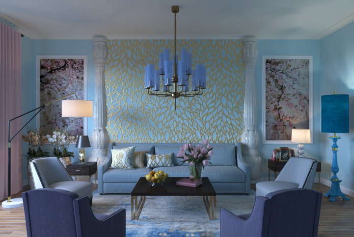 decoração e tecidos no interior de uma sala de estar azul