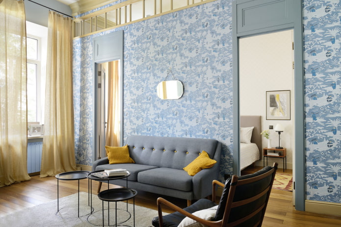 decoração do interior de uma sala de estar azul