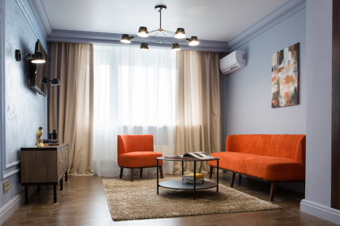 móveis de uma sala de estar azul