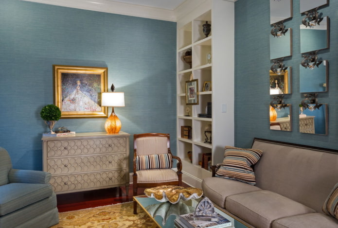 decoração do interior de uma sala de estar azul