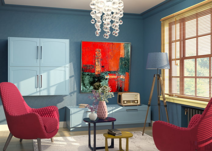 sala de estar azul com detalhes brilhantes
