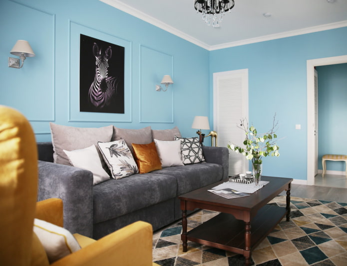 móveis de uma sala de estar azul
