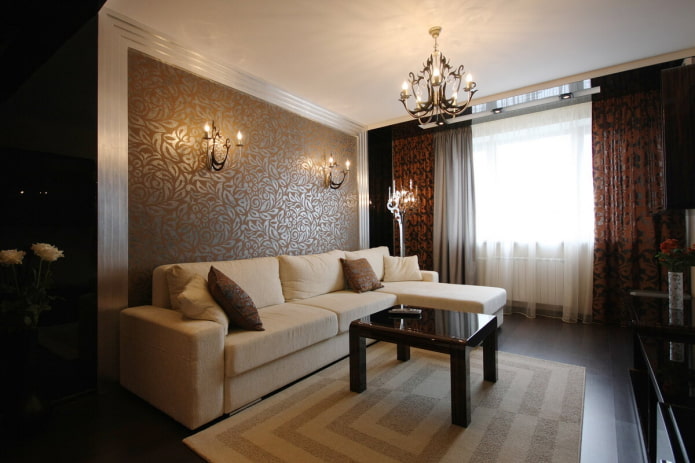 sala de estar marrom no interior de um apartamento Khrushchev