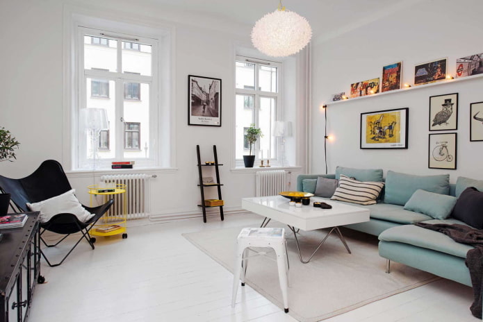 decoração e tecidos na sala de estar em estilo nórdico