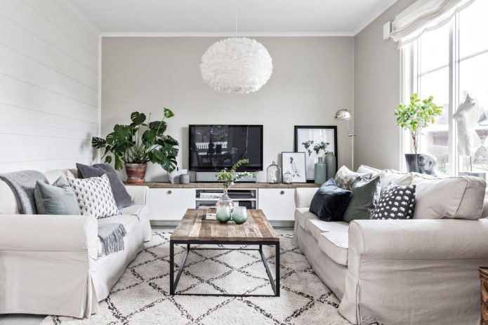 móveis no interior da sala de estar em estilo nórdico