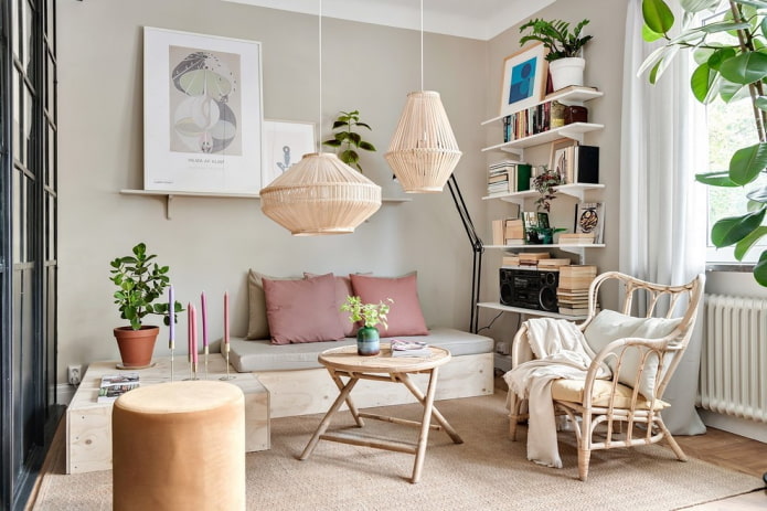 móveis no interior da sala de estar em estilo nórdico
