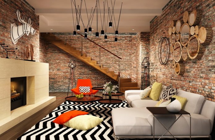 design de interiores de sala de estar em estilo urbano