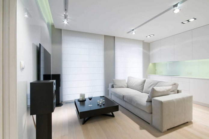 decoração e iluminação na sala de estar em estilo minimalista