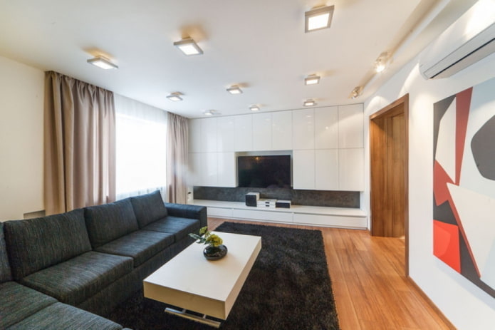decoração e iluminação na sala de estar em estilo minimalista