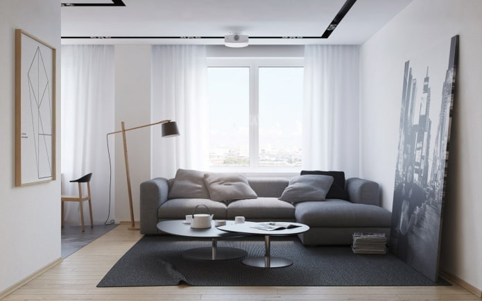 decoração e iluminação na sala de estar em estilo minimalista