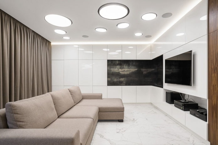 decoração e iluminação na sala de estar em estilo minimalista