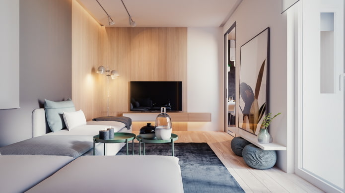 decoração e iluminação na sala de estar em estilo minimalista