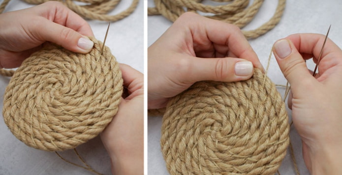 Costure um guardanapo de juta para a cozinha
