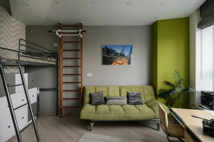 interior de um quarto infantil cinza com detalhes brilhantes