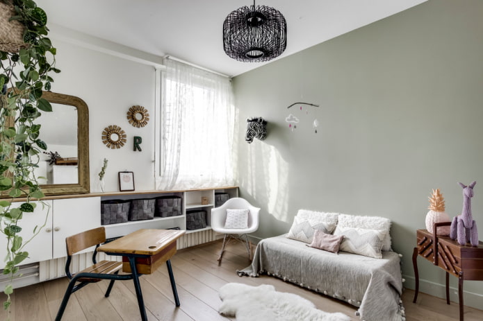 móveis e decoração no interior de um Quarto de criança cinza
