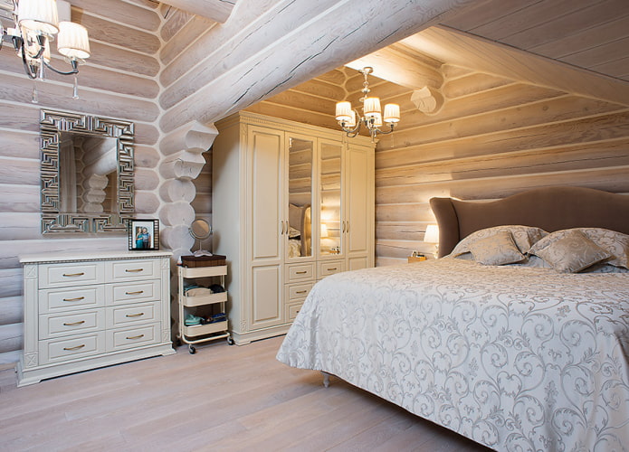 design de quarto no interior de uma casa de madeira