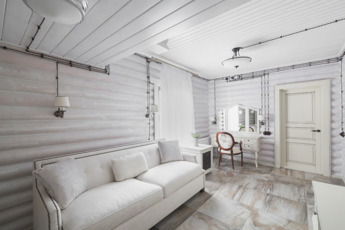 móveis e decoração no interior de uma casa de madeira