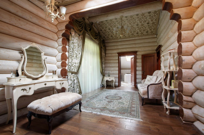 móveis e decoração no interior de uma casa de madeira