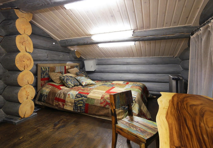 design de quarto no interior de uma casa de madeira