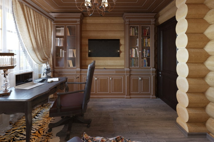 projeto de um escritório no interior de uma casa de madeira