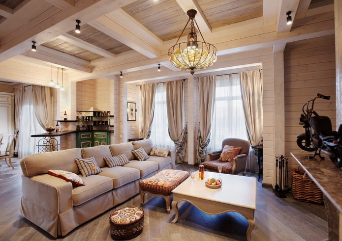 sala de estar em uma casa de madeira