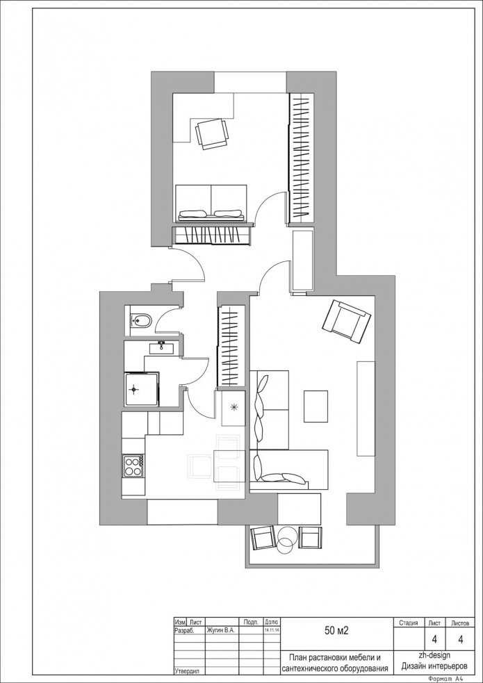 layout de um apartamento de dois cômodos de 50 metros