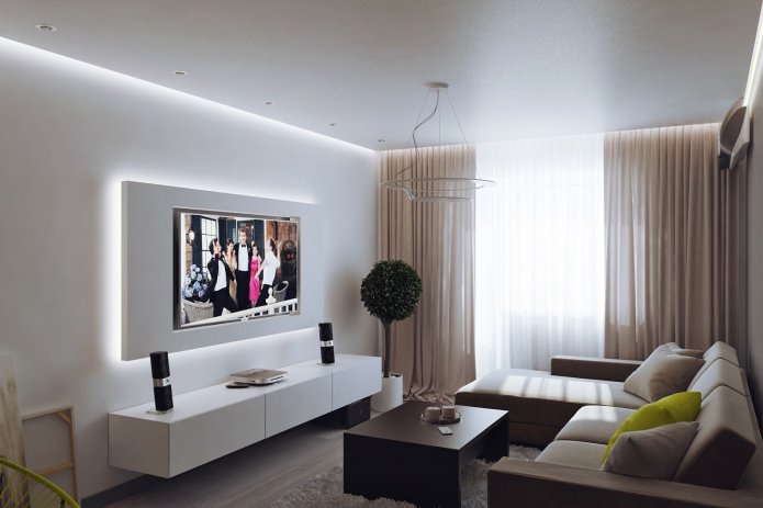 sala de estar em um apartamento de dois cômodos de 50 metros