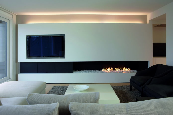 lareira no interior da sala de estar em estilo minimalista