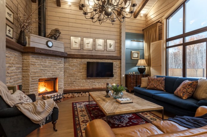 sala de estar em estilo campestre no interior da casa