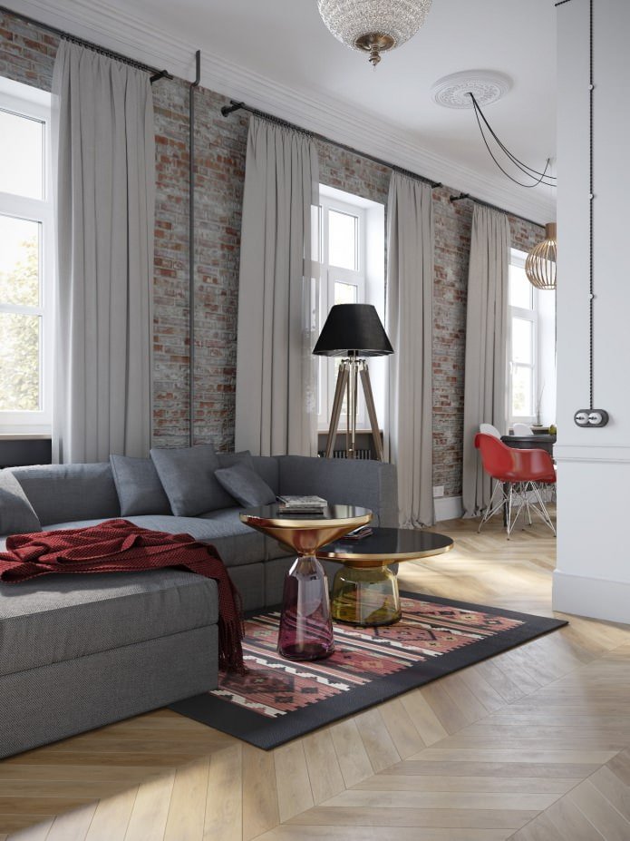 Cozinha e sala de estar em um projeto de design de apartamento de 100 m²