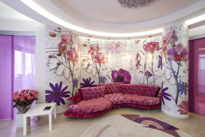 Lindo papel de parede para a sala de estar em tons de rosa