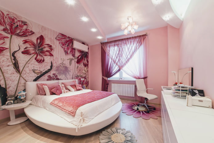 papel de parede fotográfico com flores na parede do quarto 