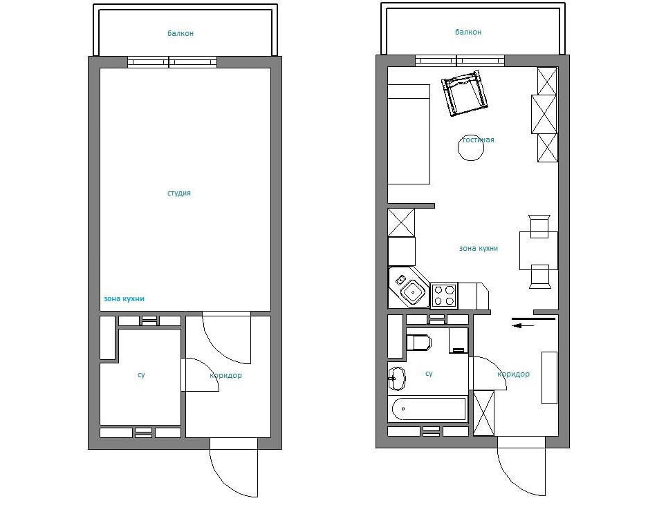 layout do projeto de um estúdio de 28 m².