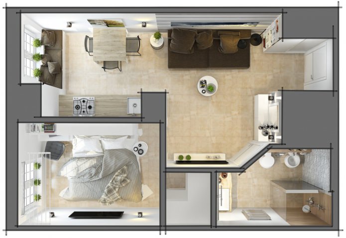 planejamento de um pequeno apartamento de dois cômodos