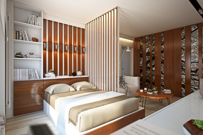 sala de estar e quarto no projeto de um apartamento de 36 m².