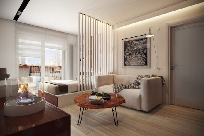 sala de estar e quarto no projeto do apartamento de 36 m².