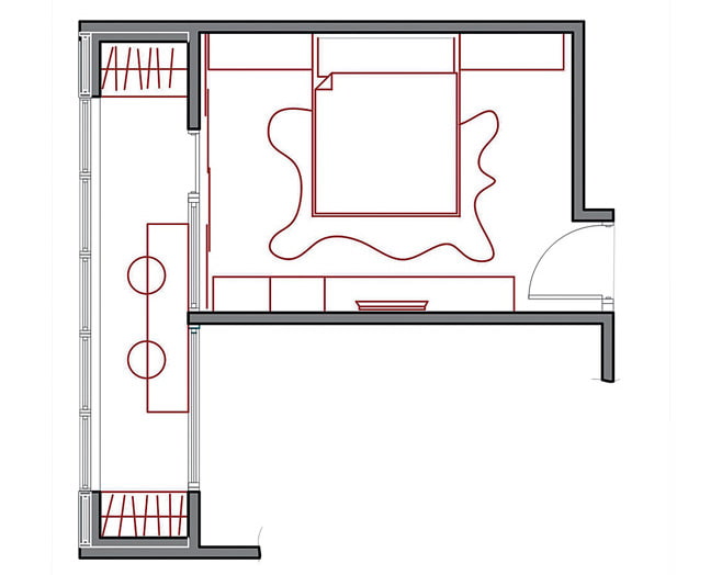 Disposição do quarto 14 m² com um varanda