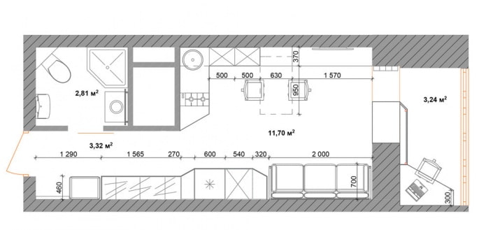 layout do estúdio de 18 m².