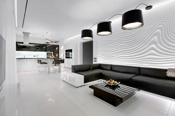 design de interiores de cozinha e sala de estar preto e branco