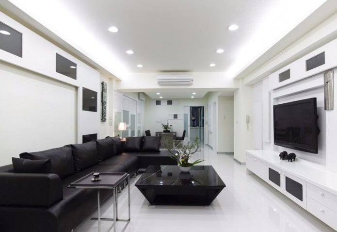 interior de sala de estar em tons de preto e branco