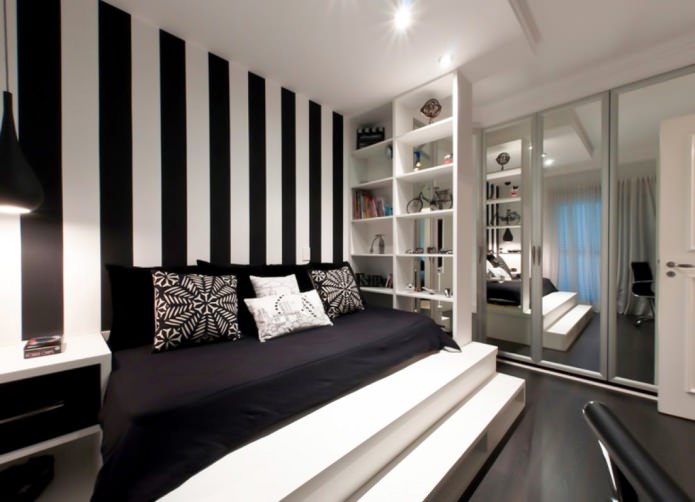 Interior de quarto preto e branco