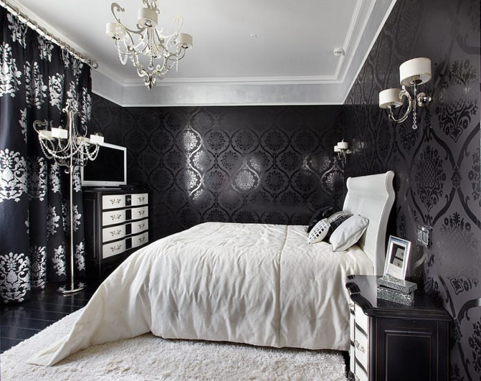 Interior de quarto preto e branco