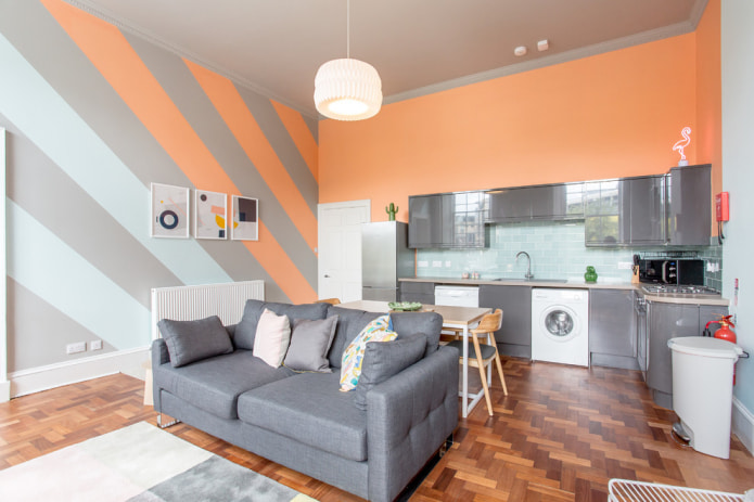 Cozinha-sala de estar cinza-pêssego