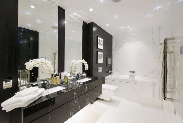 Interior do banheiro em preto e branco